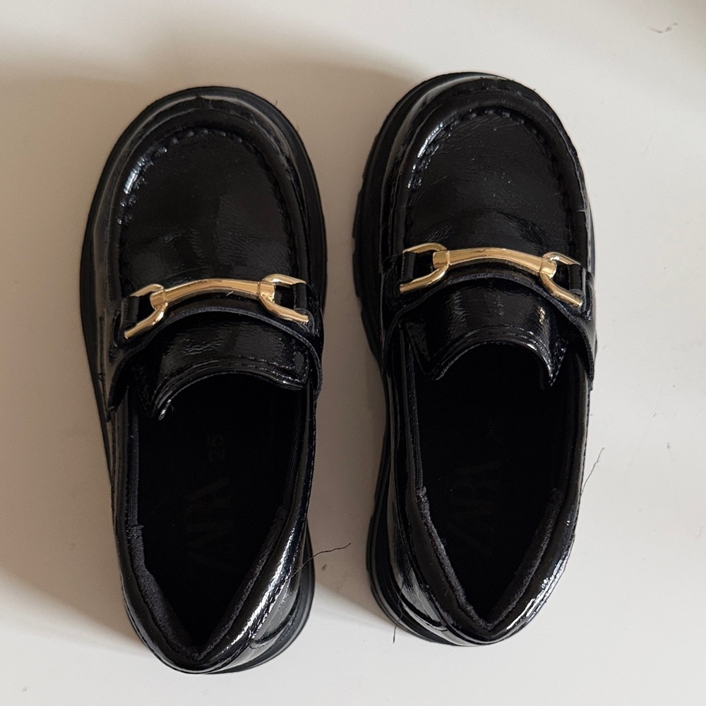 Zara Kids Shiny Black Dress Shoes with Gold Detail
